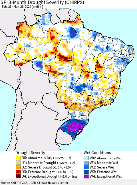Brazil SPI 3-Month Drought Severity (CHIRPS) Thematic Map For 2/26/2024 - 5/25/2024