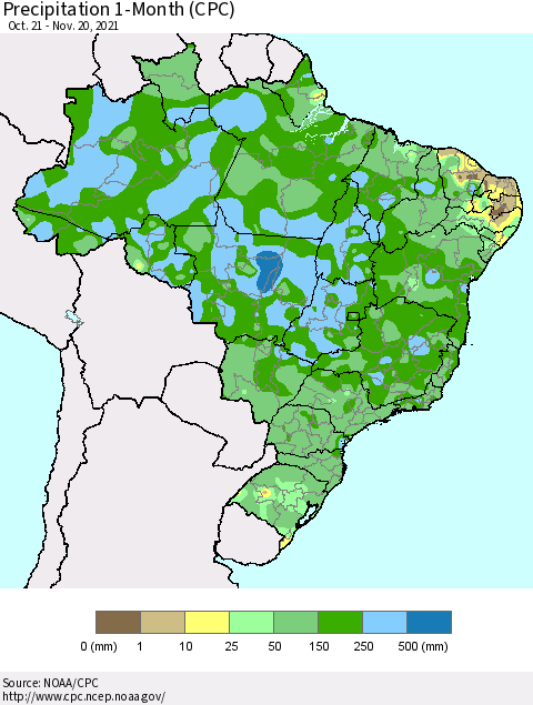 Brazil Precipitation 1-Month (CPC) Thematic Map For 10/21/2021 - 11/20/2021