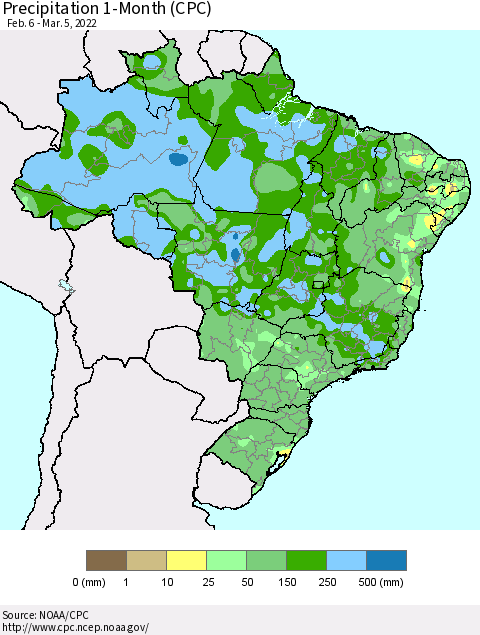 Brazil Precipitation 1-Month (CPC) Thematic Map For 2/6/2022 - 3/5/2022