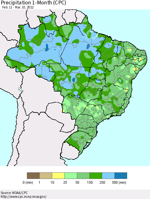 Brazil Precipitation 1-Month (CPC) Thematic Map For 2/11/2022 - 3/10/2022