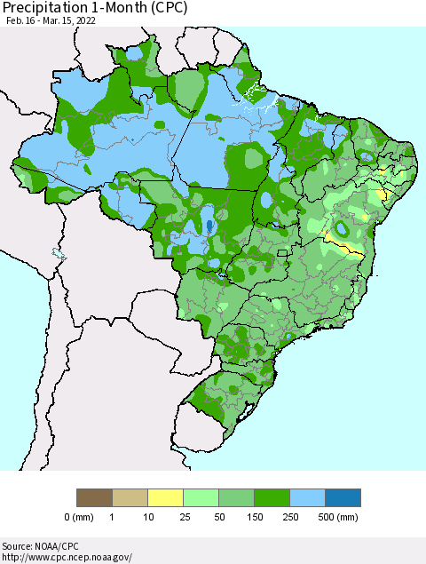 Brazil Precipitation 1-Month (CPC) Thematic Map For 2/16/2022 - 3/15/2022