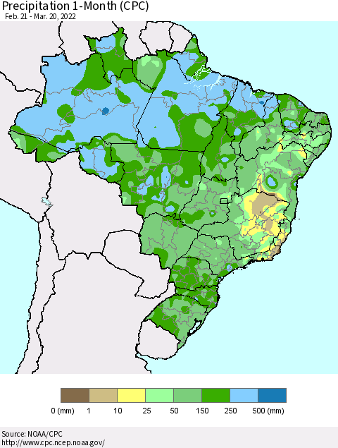 Brazil Precipitation 1-Month (CPC) Thematic Map For 2/21/2022 - 3/20/2022