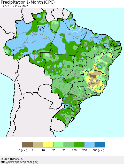 Brazil Precipitation 1-Month (CPC) Thematic Map For 2/26/2022 - 3/25/2022
