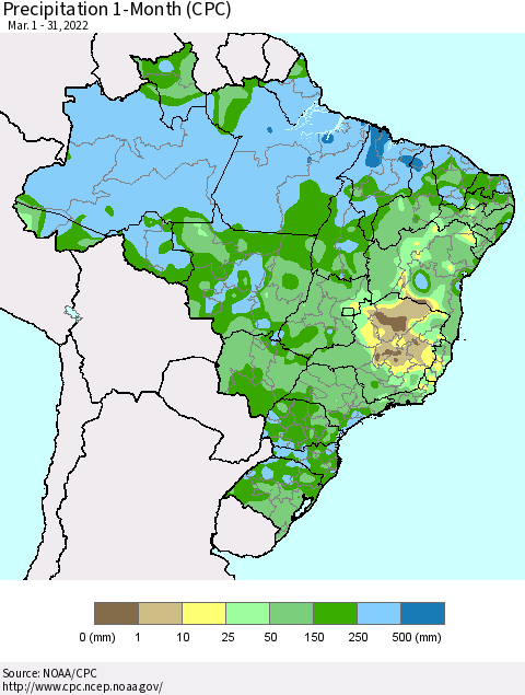 Brazil Precipitation 1-Month (CPC) Thematic Map For 3/1/2022 - 3/31/2022