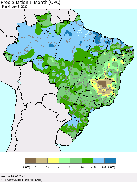 Brazil Precipitation 1-Month (CPC) Thematic Map For 3/6/2022 - 4/5/2022