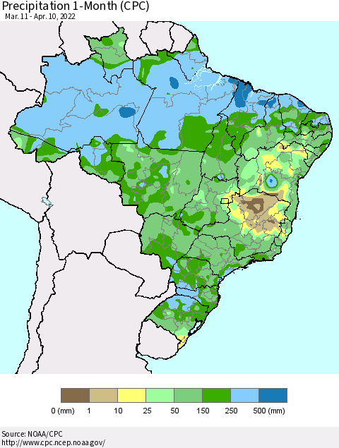 Brazil Precipitation 1-Month (CPC) Thematic Map For 3/11/2022 - 4/10/2022