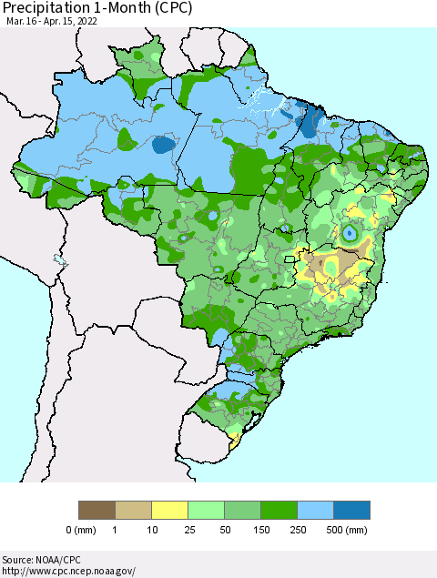 Brazil Precipitation 1-Month (CPC) Thematic Map For 3/16/2022 - 4/15/2022