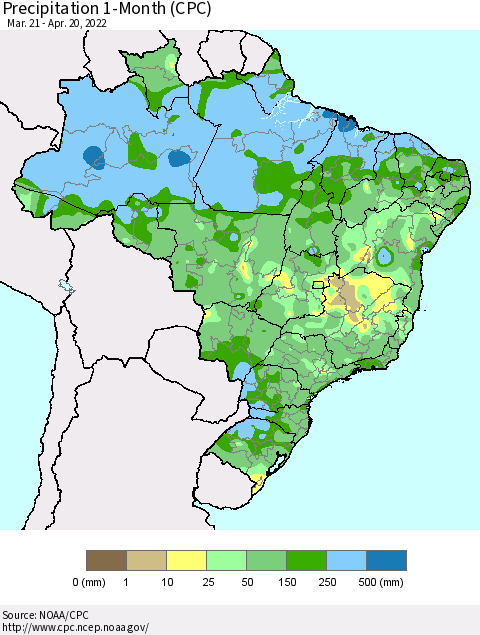 Brazil Precipitation 1-Month (CPC) Thematic Map For 3/21/2022 - 4/20/2022