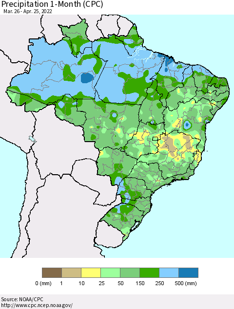 Brazil Precipitation 1-Month (CPC) Thematic Map For 3/26/2022 - 4/25/2022
