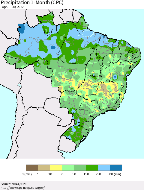 Brazil Precipitation 1-Month (CPC) Thematic Map For 4/1/2022 - 4/30/2022