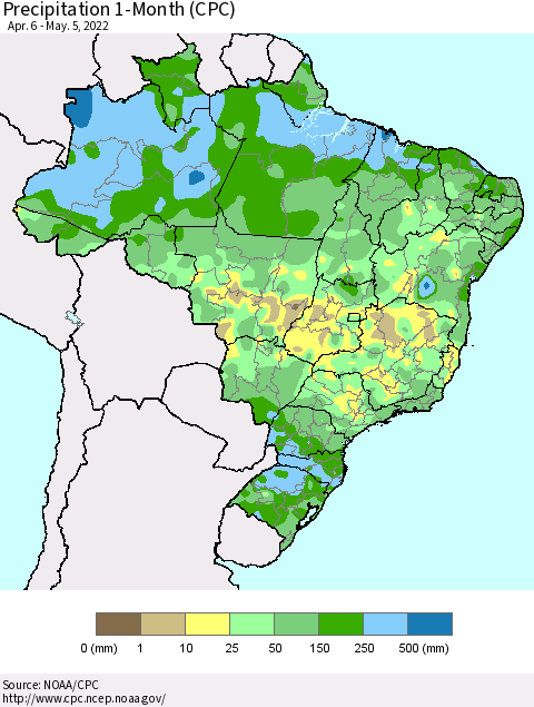 Brazil Precipitation 1-Month (CPC) Thematic Map For 4/6/2022 - 5/5/2022