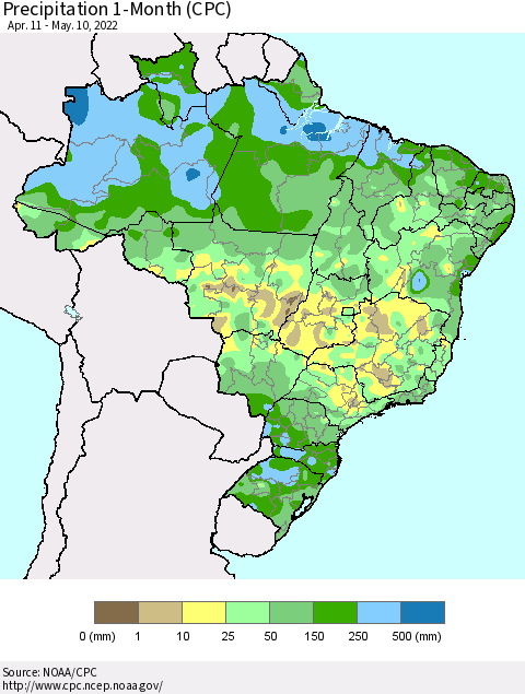 Brazil Precipitation 1-Month (CPC) Thematic Map For 4/11/2022 - 5/10/2022