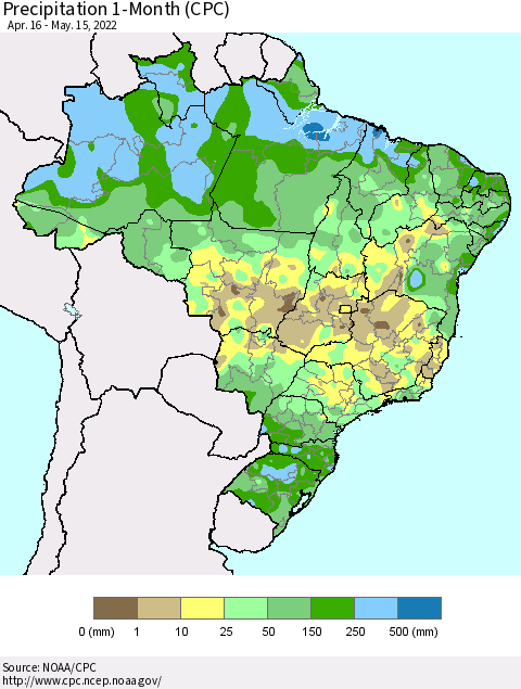 Brazil Precipitation 1-Month (CPC) Thematic Map For 4/16/2022 - 5/15/2022