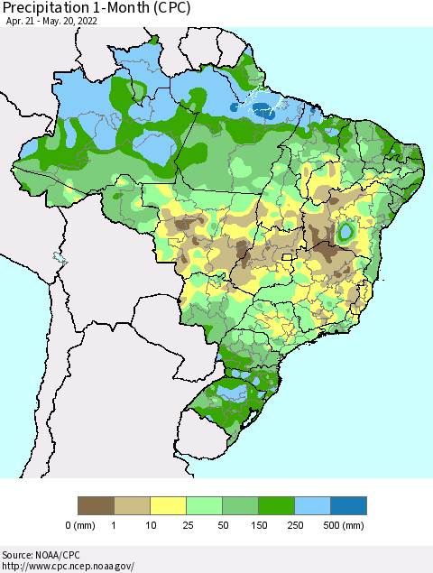 Brazil Precipitation 1-Month (CPC) Thematic Map For 4/21/2022 - 5/20/2022
