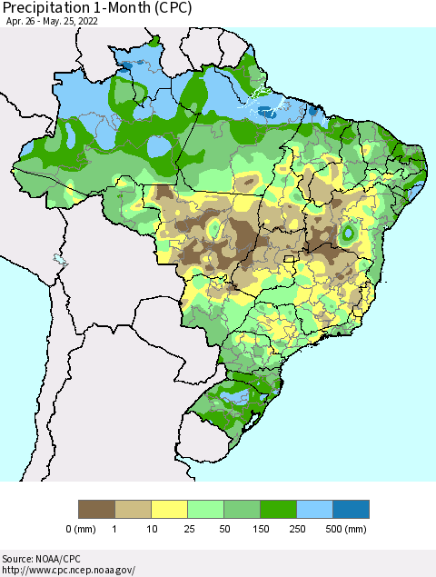 Brazil Precipitation 1-Month (CPC) Thematic Map For 4/26/2022 - 5/25/2022