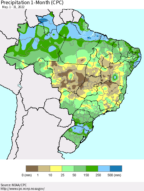 Brazil Precipitation 1-Month (CPC) Thematic Map For 5/1/2022 - 5/31/2022