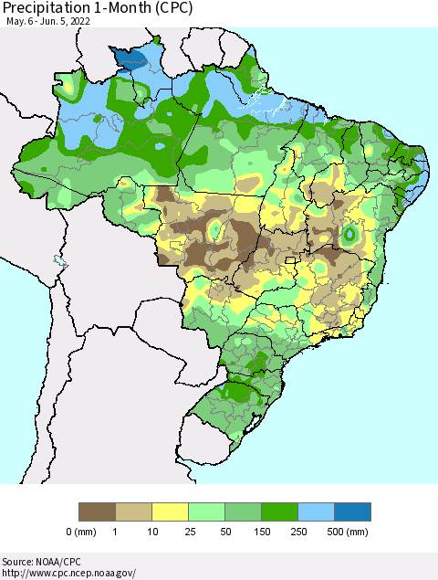 Brazil Precipitation 1-Month (CPC) Thematic Map For 5/6/2022 - 6/5/2022