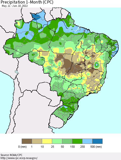 Brazil Precipitation 1-Month (CPC) Thematic Map For 5/11/2022 - 6/10/2022