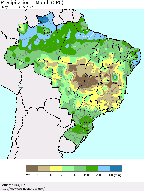 Brazil Precipitation 1-Month (CPC) Thematic Map For 5/16/2022 - 6/15/2022