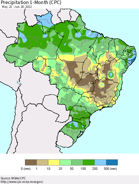 Brazil Precipitation 1-Month (CPC) Thematic Map For 5/21/2022 - 6/20/2022