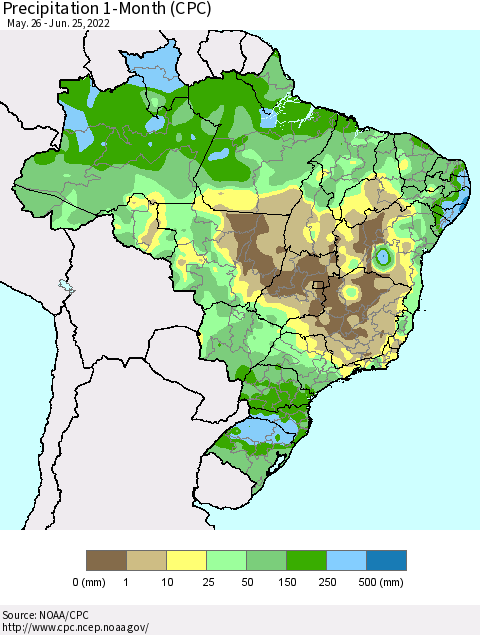 Brazil Precipitation 1-Month (CPC) Thematic Map For 5/26/2022 - 6/25/2022