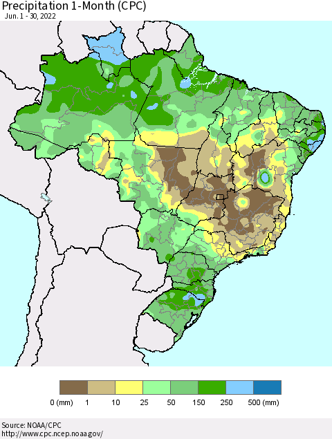Brazil Precipitation 1-Month (CPC) Thematic Map For 6/1/2022 - 6/30/2022