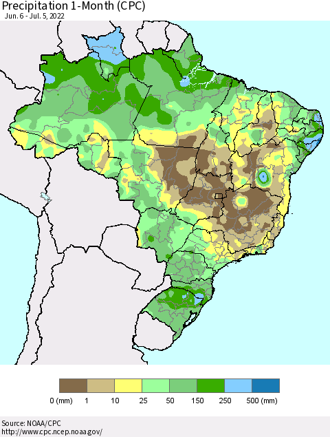 Brazil Precipitation 1-Month (CPC) Thematic Map For 6/6/2022 - 7/5/2022