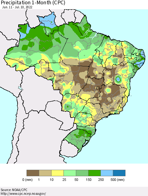 Brazil Precipitation 1-Month (CPC) Thematic Map For 6/11/2022 - 7/10/2022