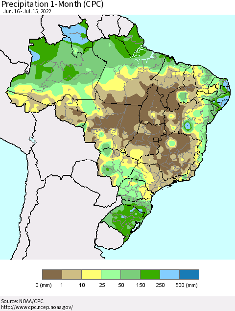 Brazil Precipitation 1-Month (CPC) Thematic Map For 6/16/2022 - 7/15/2022