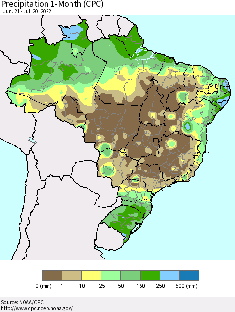 Brazil Precipitation 1-Month (CPC) Thematic Map For 6/21/2022 - 7/20/2022