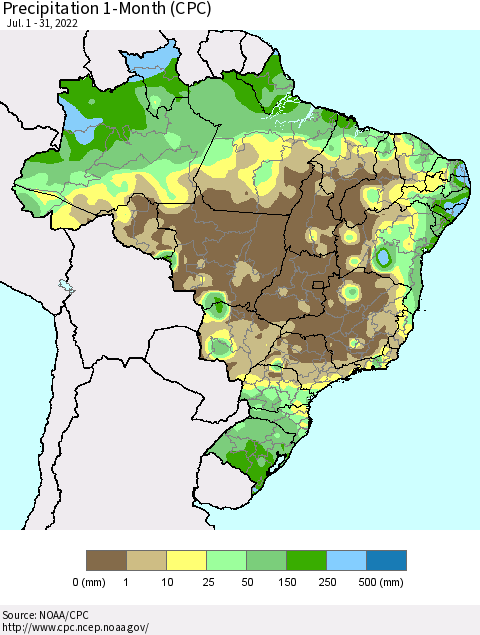 Brazil Precipitation 1-Month (CPC) Thematic Map For 7/1/2022 - 7/31/2022