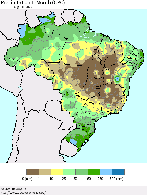Brazil Precipitation 1-Month (CPC) Thematic Map For 7/11/2022 - 8/10/2022