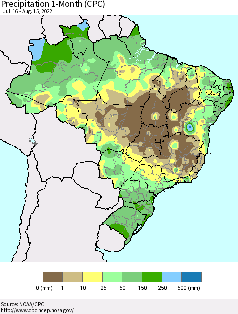 Brazil Precipitation 1-Month (CPC) Thematic Map For 7/16/2022 - 8/15/2022