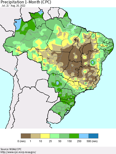 Brazil Precipitation 1-Month (CPC) Thematic Map For 7/21/2022 - 8/20/2022