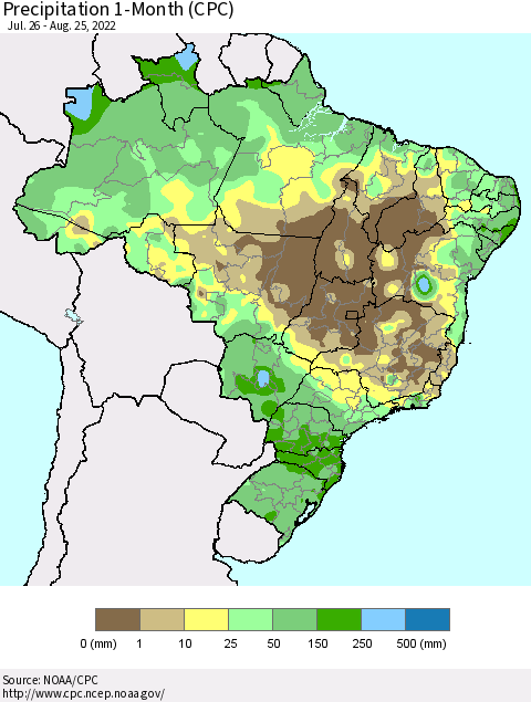 Brazil Precipitation 1-Month (CPC) Thematic Map For 7/26/2022 - 8/25/2022