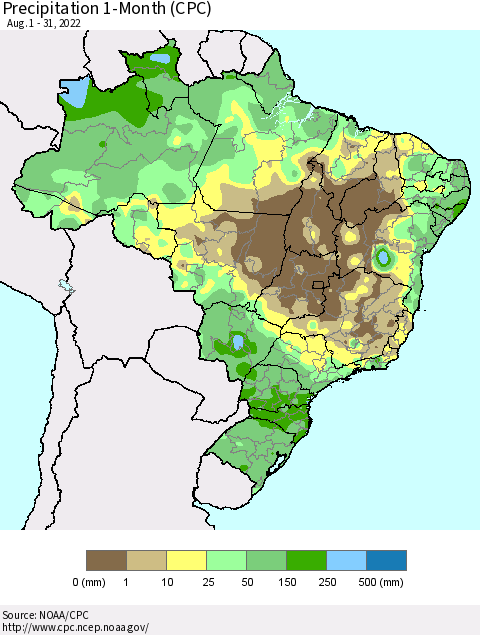 Brazil Precipitation 1-Month (CPC) Thematic Map For 8/1/2022 - 8/31/2022
