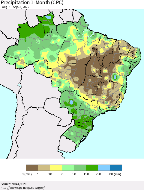 Brazil Precipitation 1-Month (CPC) Thematic Map For 8/6/2022 - 9/5/2022