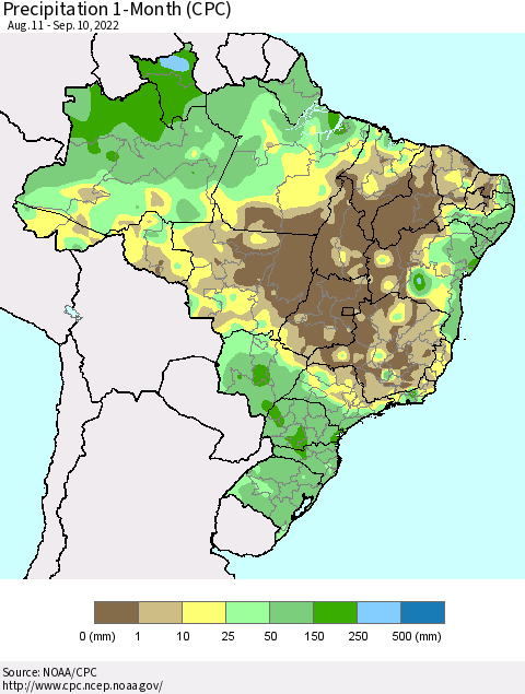 Brazil Precipitation 1-Month (CPC) Thematic Map For 8/11/2022 - 9/10/2022