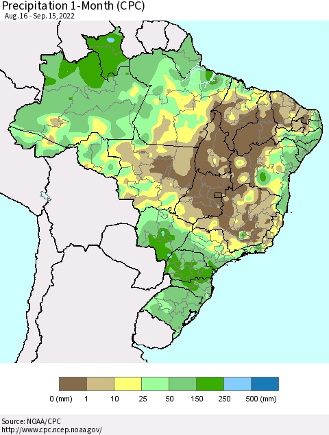 Brazil Precipitation 1-Month (CPC) Thematic Map For 8/16/2022 - 9/15/2022