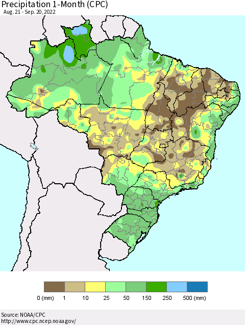 Brazil Precipitation 1-Month (CPC) Thematic Map For 8/21/2022 - 9/20/2022