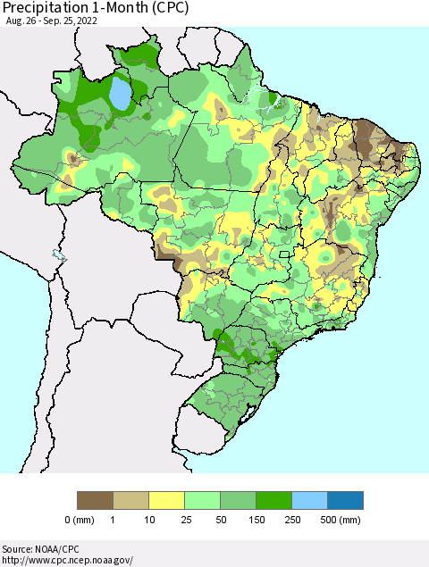 Brazil Precipitation 1-Month (CPC) Thematic Map For 8/26/2022 - 9/25/2022