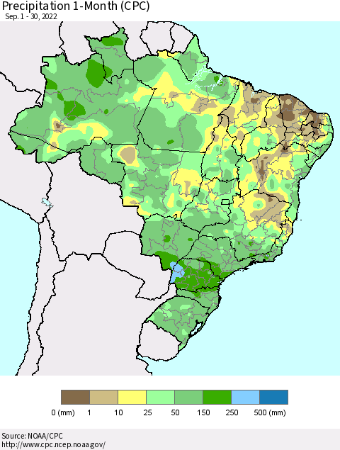 Brazil Precipitation 1-Month (CPC) Thematic Map For 9/1/2022 - 9/30/2022