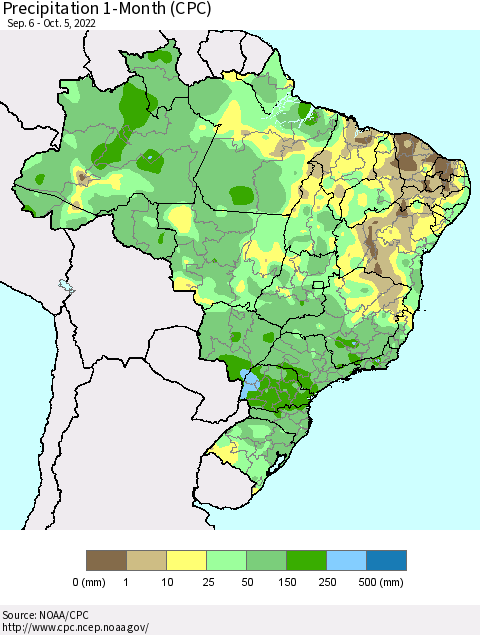 Brazil Precipitation 1-Month (CPC) Thematic Map For 9/6/2022 - 10/5/2022