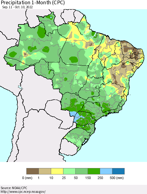 Brazil Precipitation 1-Month (CPC) Thematic Map For 9/11/2022 - 10/10/2022