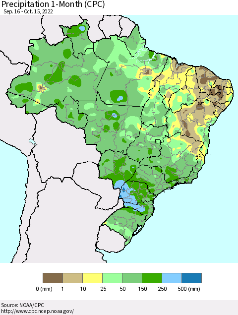 Brazil Precipitation 1-Month (CPC) Thematic Map For 9/16/2022 - 10/15/2022