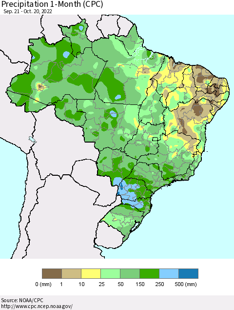 Brazil Precipitation 1-Month (CPC) Thematic Map For 9/21/2022 - 10/20/2022
