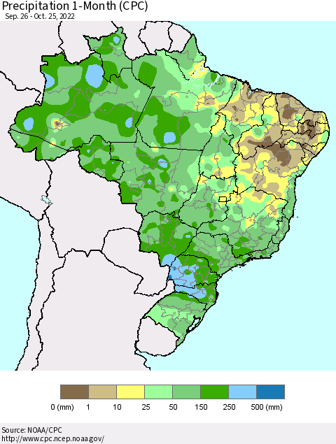Brazil Precipitation 1-Month (CPC) Thematic Map For 9/26/2022 - 10/25/2022