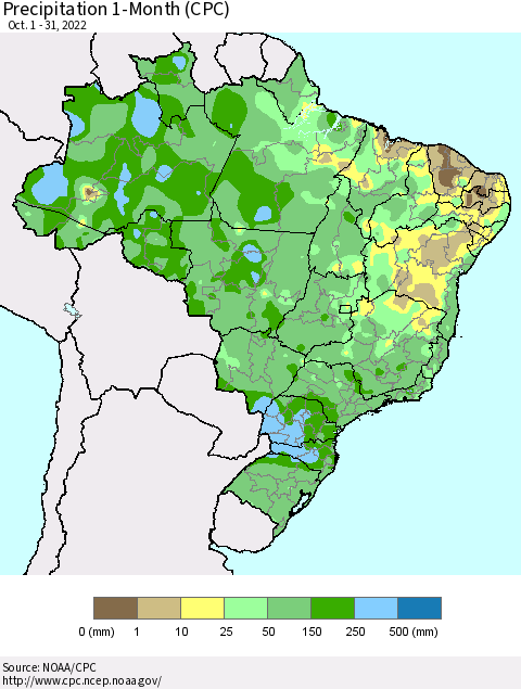 Brazil Precipitation 1-Month (CPC) Thematic Map For 10/1/2022 - 10/31/2022