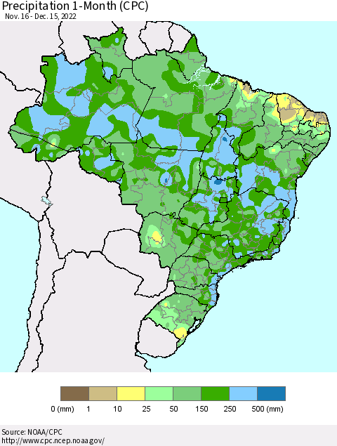 Brazil Precipitation 1-Month (CPC) Thematic Map For 11/16/2022 - 12/15/2022