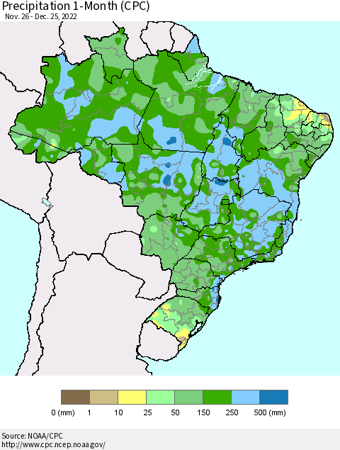 Brazil Precipitation 1-Month (CPC) Thematic Map For 11/26/2022 - 12/25/2022